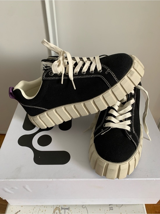 Eytys Shoes - Eytys Black Canvas Platform Sneakers with Cream Soles and Purple Heel Tab
